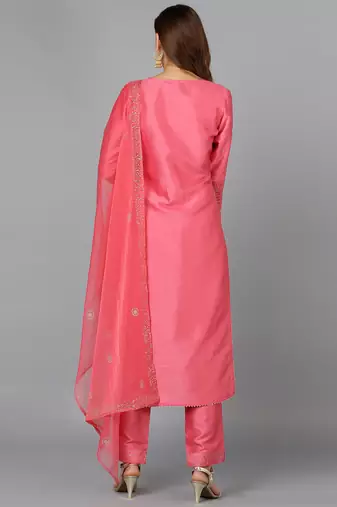 pink color embroidered silk blend styles kurta trouser with dupatta