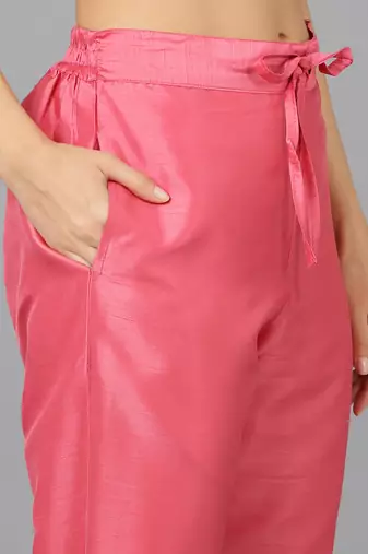 pink color embroidered silk blend styles kurta trouser with dupatta