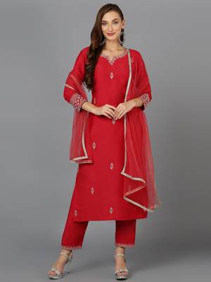 red color embroidered silk blend styles kurta trouser with dupatta 1
