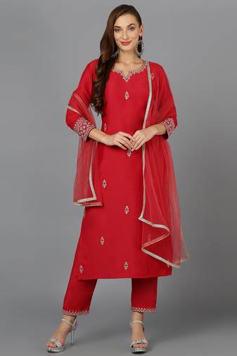 red color embroidered silk blend styles kurta trouser with dupatta