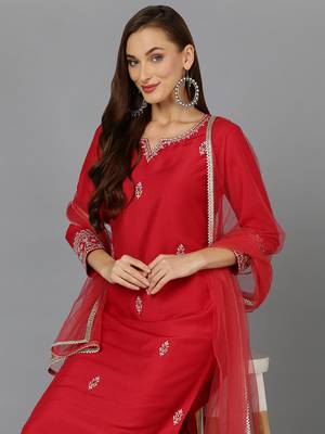 red color embroidered silk blend styles kurta trouser with dupatta 2