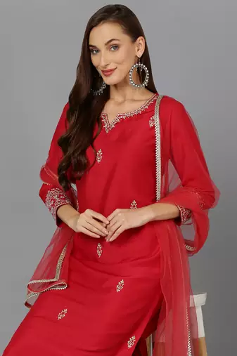 red color embroidered silk blend styles kurta trouser with dupatta