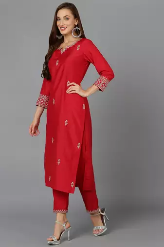 red color embroidered silk blend styles kurta trouser with dupatta