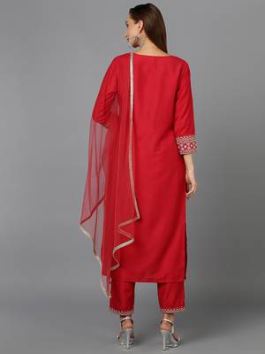 red color embroidered silk blend styles kurta trouser with dupatta 4