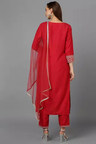 red color embroidered silk blend styles kurta trouser with dupatta