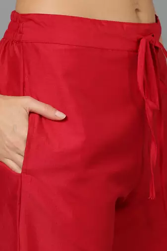 red color embroidered silk blend styles kurta trouser with dupatta
