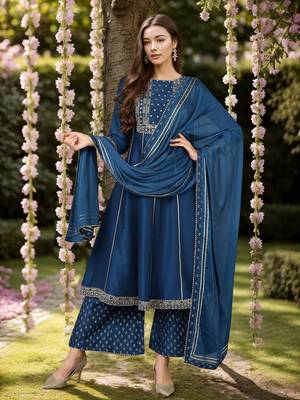 teal color embroidered silk blend styles kurta palazzo with dupatta 1
