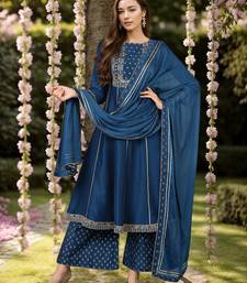 teal color embroidered silk blend styles kurta palazzo with dupatta
