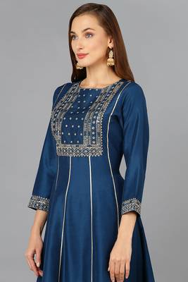 teal color embroidered silk blend styles kurta palazzo with dupatta 2