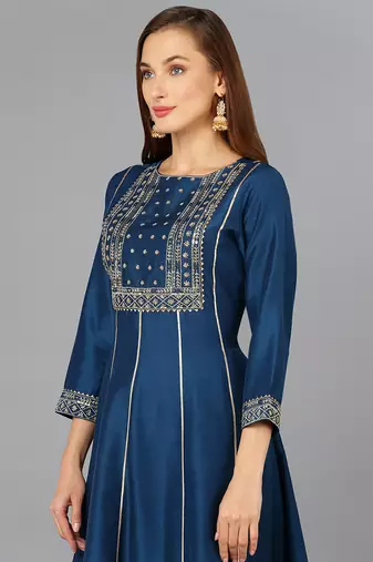 teal color embroidered silk blend styles kurta palazzo with dupatta
