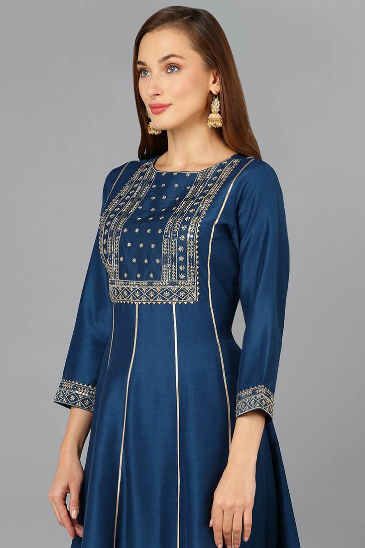 teal color embroidered silk blend styles kurta palazzo with dupatta