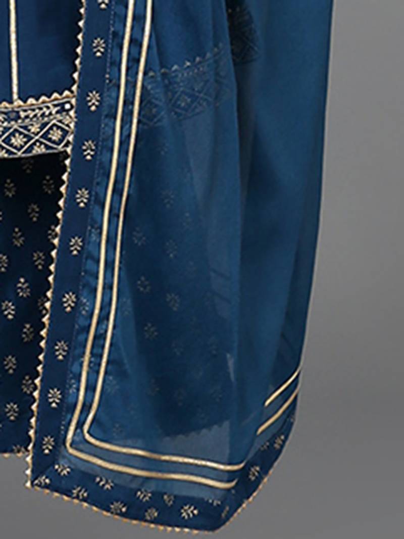 teal color embroidered silk blend styles kurta palazzo with dupatta