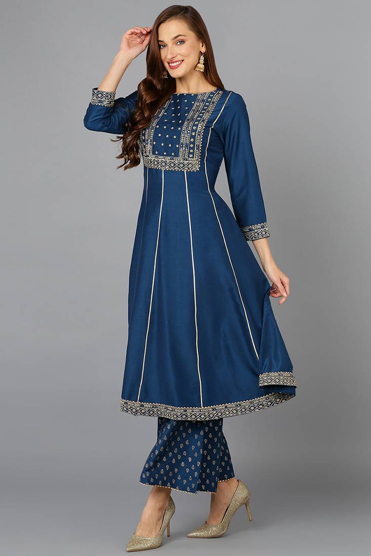 teal color embroidered silk blend styles kurta palazzo with dupatta