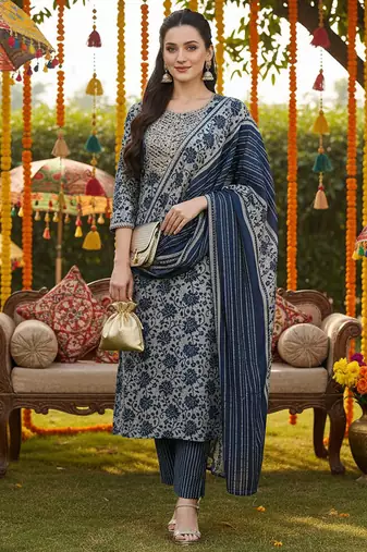 grey color embroidered silk blend styles kurta trouser with dupatta