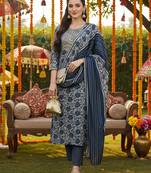 grey color embroidered silk blend styles kurta trouser with dupatta