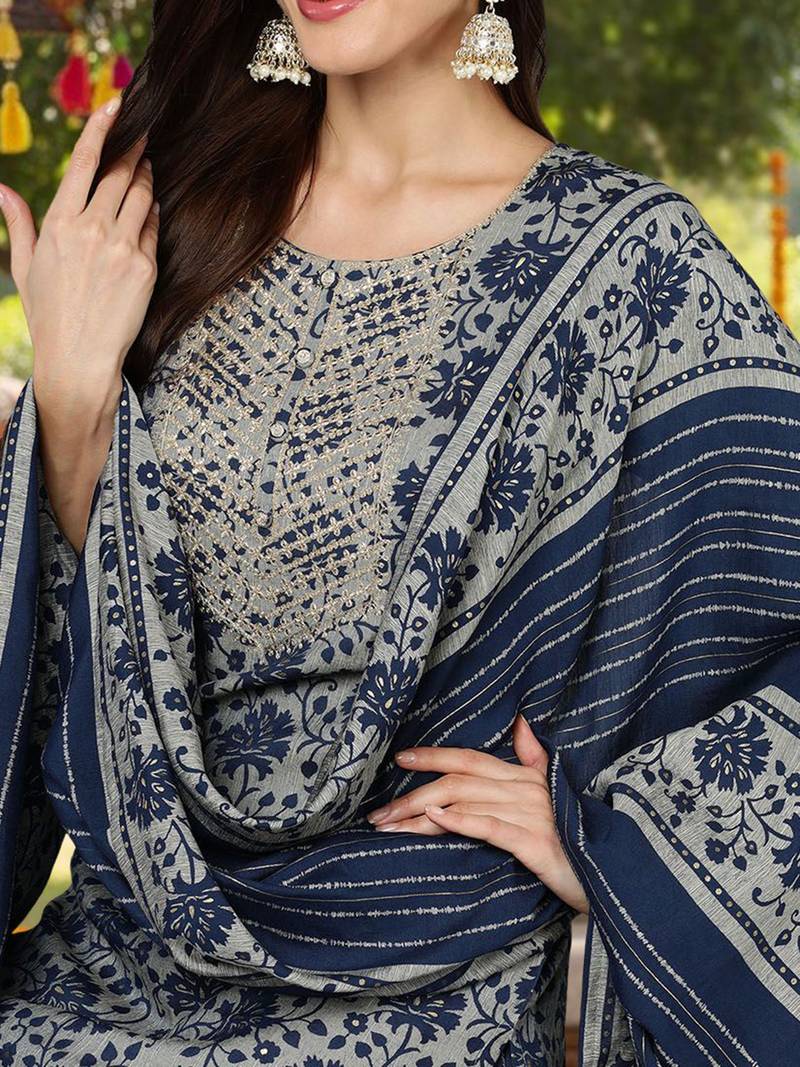 grey color embroidered silk blend styles kurta trouser with dupatta