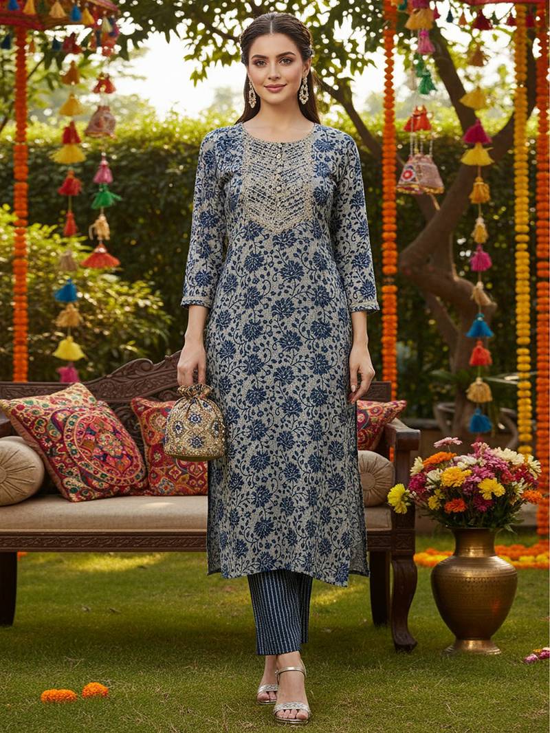 grey color embroidered silk blend styles kurta trouser with dupatta