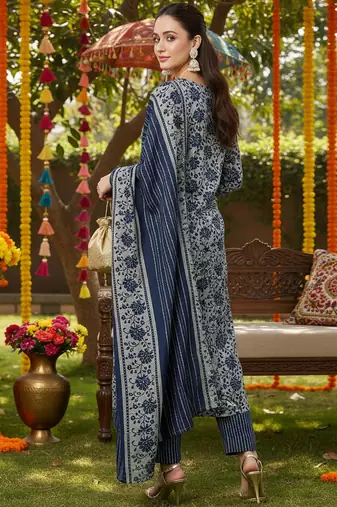 grey color embroidered silk blend styles kurta trouser with dupatta