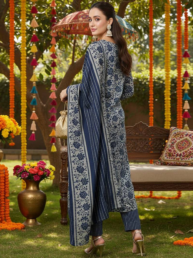 grey color embroidered silk blend styles kurta trouser with dupatta