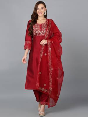 maroon color embroidered silk blend styles kurta trouser with dupatta 1