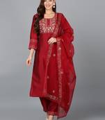 maroon color embroidered silk blend styles kurta trouser with dupatta
