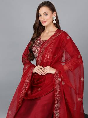 maroon color embroidered silk blend styles kurta trouser with dupatta 2