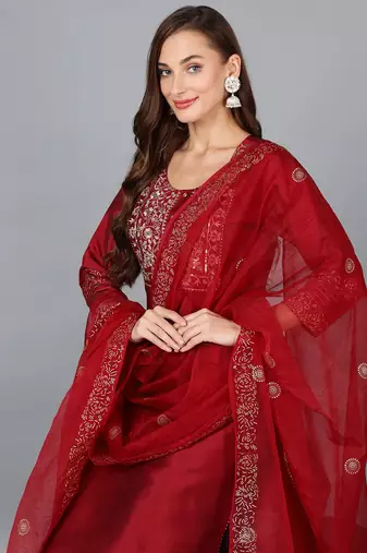 maroon color embroidered silk blend styles kurta trouser with dupatta