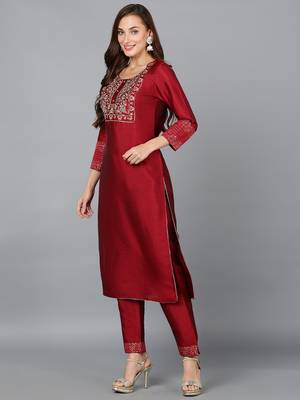 maroon color embroidered silk blend styles kurta trouser with dupatta 3
