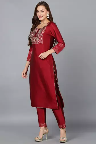 maroon color embroidered silk blend styles kurta trouser with dupatta