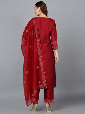 maroon color embroidered silk blend styles kurta trouser with dupatta 4