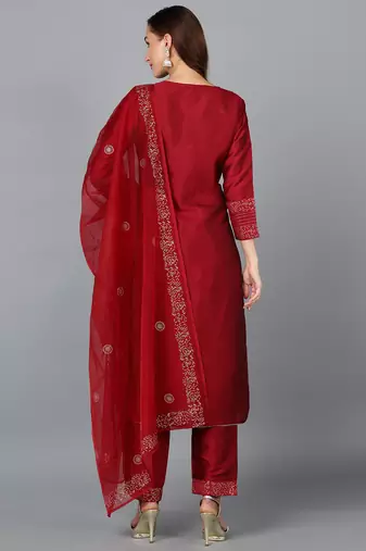 maroon color embroidered silk blend styles kurta trouser with dupatta