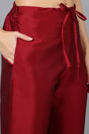 maroon color embroidered silk blend styles kurta trouser with dupatta