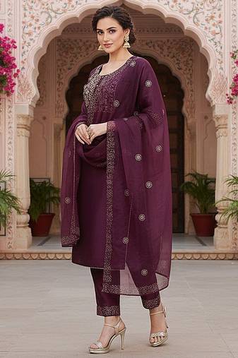 purple color embroidered silk blend styles kurta trouser with dupatta