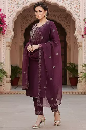 purple color embroidered silk blend styles kurta trouser with dupatta