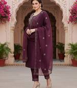 purple color embroidered silk blend styles kurta trouser with dupatta