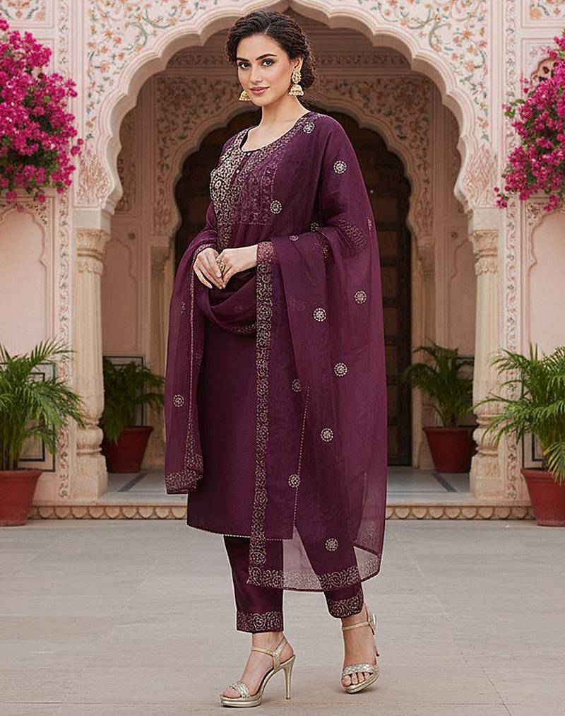 purple color embroidered silk blend styles kurta trouser with dupatta