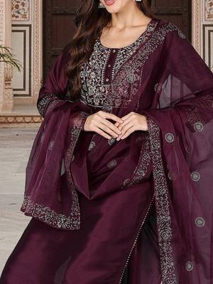 purple color embroidered silk blend styles kurta trouser with dupatta 2