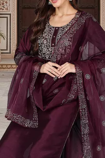 purple color embroidered silk blend styles kurta trouser with dupatta