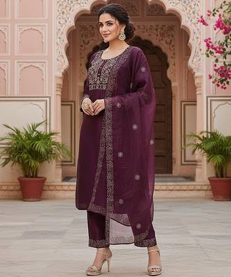 purple color embroidered silk blend styles kurta trouser with dupatta 3