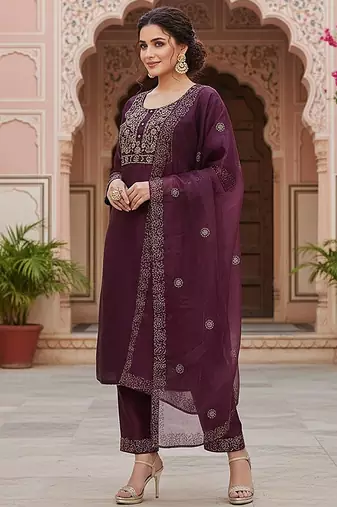purple color embroidered silk blend styles kurta trouser with dupatta
