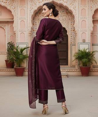 purple color embroidered silk blend styles kurta trouser with dupatta 4