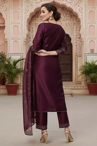 purple color embroidered silk blend styles kurta trouser with dupatta