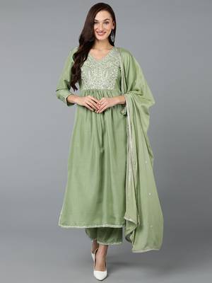 green color embroidered silk blend styles kurta trouser with dupatta 1