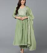 green color embroidered silk blend styles kurta trouser with dupatta