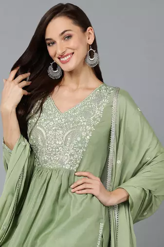green color embroidered silk blend styles kurta trouser with dupatta