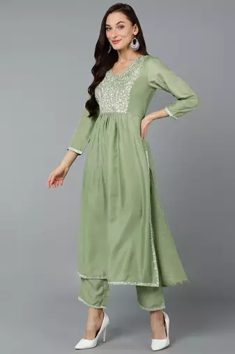 green color embroidered silk blend styles kurta trouser with dupatta