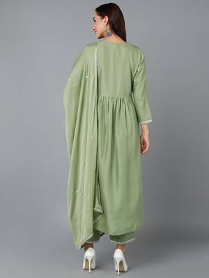 green color embroidered silk blend styles kurta trouser with dupatta 4