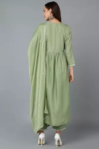 green color embroidered silk blend styles kurta trouser with dupatta