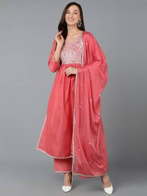 pink color embroidered silk blend styles kurta trouser with dupatta 1