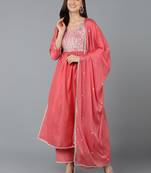 pink color embroidered silk blend styles kurta trouser with dupatta